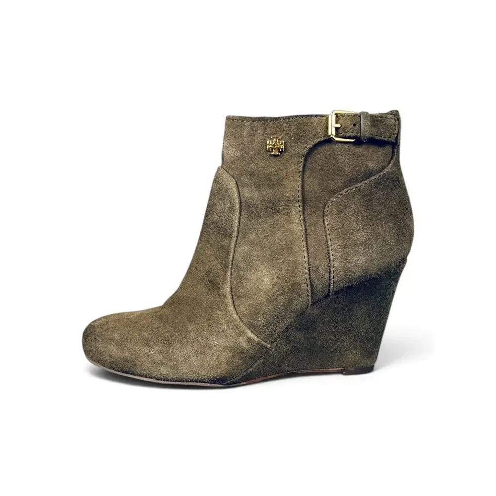 Tory Burch Milan Suede Wedge Ankle Booties River Rock Olive Brown Size 5.5